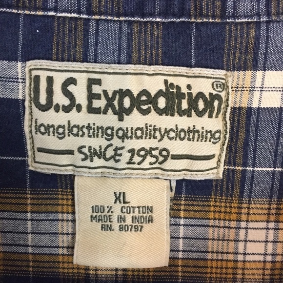 US Expedition Plaid Shirt Mens XL Long Sleeve Button Up Cotton Blue and Mustard - Picture 7 of 12
